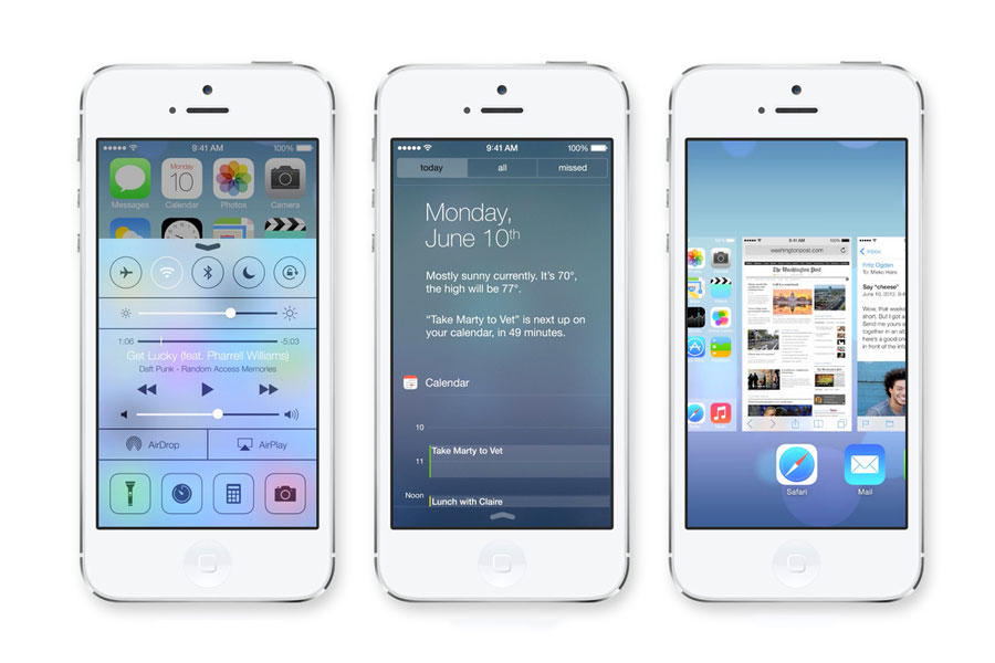 Left: By swiping up from any screen within the operating system, the user is taken to a quick area to control the phone. In this screen users can turn on or off airplane mode, wi-fi, bluetooth, and the do not disturb mode, which silences all incoming communications. 
Middle: Notification center is all new in iOS 7 as  well, with now three different screens to display incoming notifications. The today tab gives users a complete outlook on what’s happening – from the weather, to their calendar events, to reminders, and their next alarm clock. This tab is a quick way to make a plan for the day and tackle the day’s biggest tasks. 
Right: Now in iOS 7, users do the double tap, which uses a zoom effect to take the user out and display all apps that are running in the background. The user can quickly switch between apps if needed, or, simply swipe the app up to cancel it from running in the background and essentially draining battery life. 
