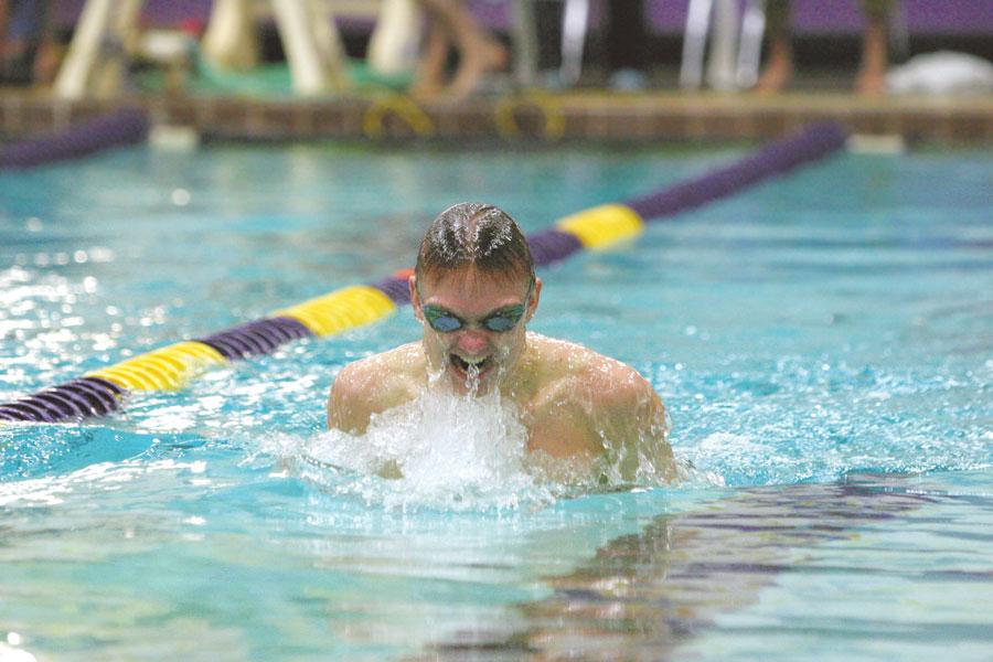 On Jan. 18 at Wenatchee High School, senior Drew Stillman competes in the 100-yard breaststroke in a dual meet against Kentwood and Walla Walla. Stillman also competed in two relays at this meet.