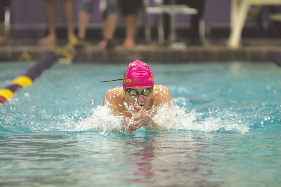 Sophomore Austin Boese completes the 100-yard breaststroke on Jan. 28 against Moses Lake. At Districts, Boese competed in the 100 breast and the 50 freestyle.