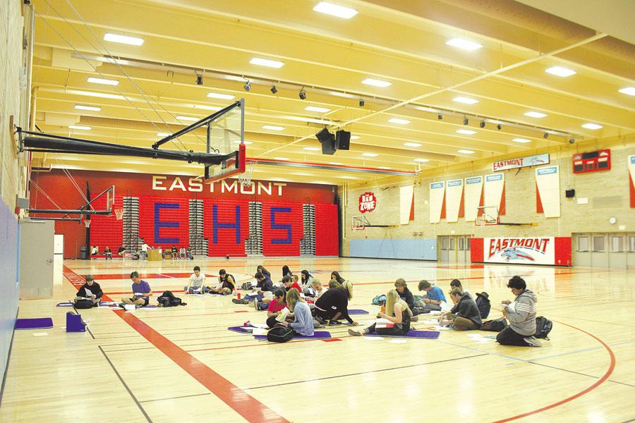 A gym class is held in the Eastmont High School gymnasium during The Apple Leafs visit to Eastmont on April 14. 