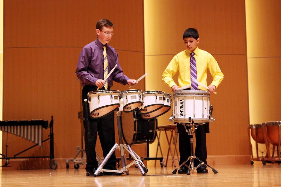The+Hot+Scots%2C+freshmen+Andy+Schmidt+and+Julian+Hernandez%2C+perform+in+the+Small+Percussion+Ensemble+category.+The+duo+earned+an+Honorable+Mention.