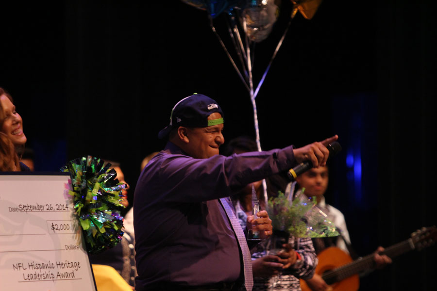 Wenatchee High School Mariachi Program Director Ramon Rivera is emotional after receiving the NFL Hispanic Heritage Leadership Award. The award recognizes the top Hispanic leaders around the nation and was presented by representatives from the Seattle Seahawks.