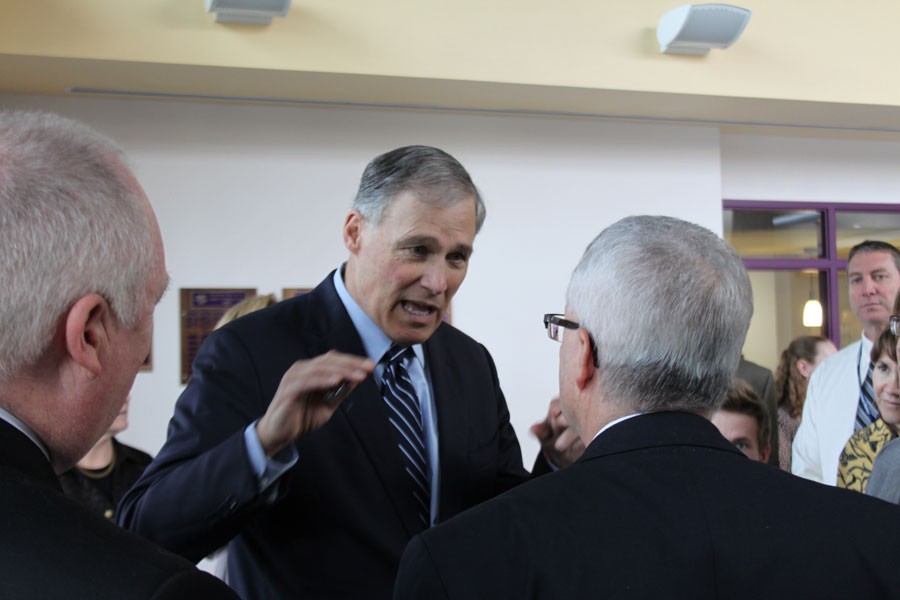 Prior to leaving, Gov. Jay Inslee told Principal Bob Celebrezze and Director of Career and Technical Education Dennis Conger how impressed he was with the students at Wenatchee High School and the use of hands-on learning. 