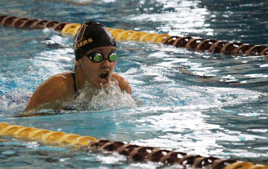 Junior Maya Velazquez takes a well deserved breath in the 100 yard breaststroke at the Colombia Basin Big Nine District 6 meet.